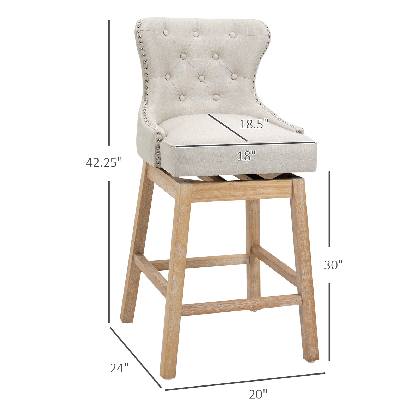 Upholstered Fabric Bar Height Bar Stools, 180° Swivel Nailhead-Trim Pub Chairs, 30
