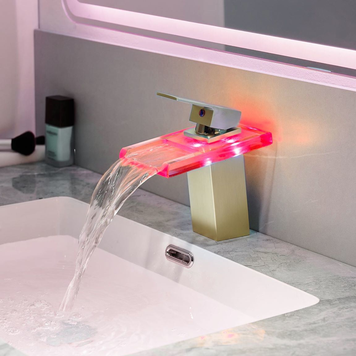 Waterfall showerhead LED bathroom faucet, single handle bathroom sink sink faucet in Black