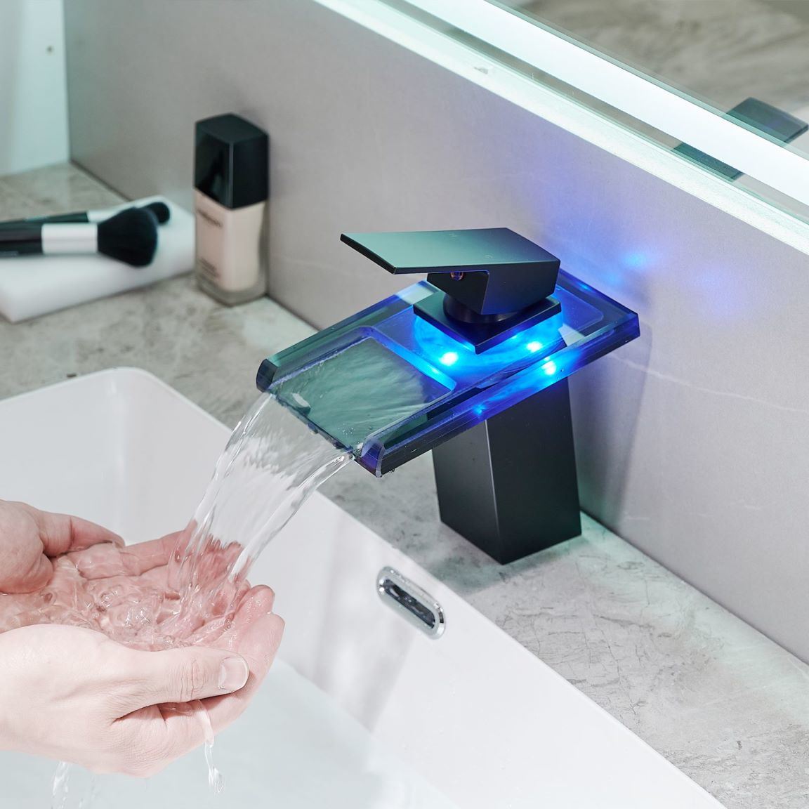 Waterfall showerhead LED bathroom faucet, single handle bathroom sink sink faucet in Black