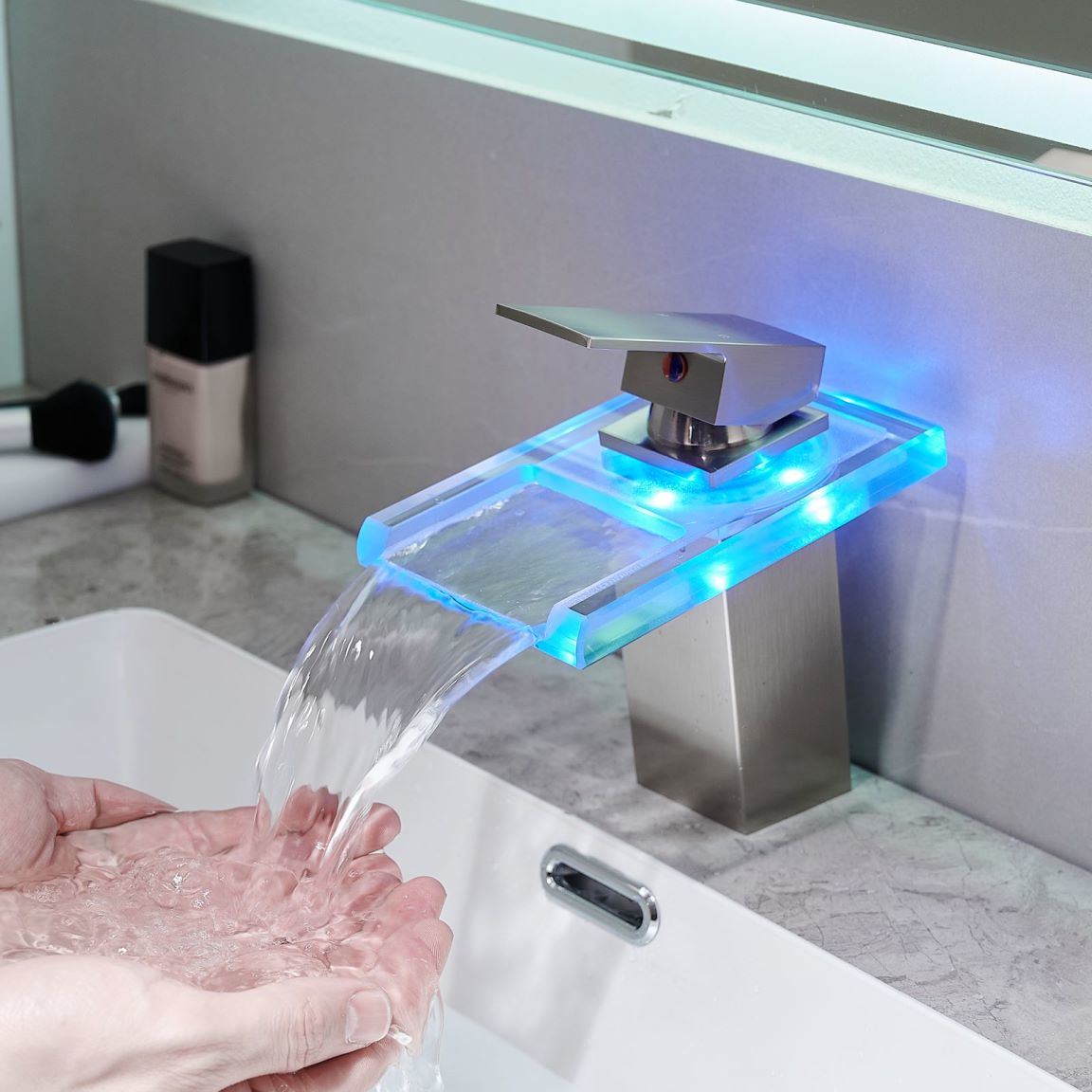 Waterfall showerhead LED bathroom faucet, single handle bathroom sink sink faucet in Black