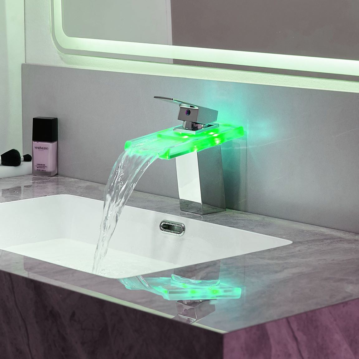 Waterfall showerhead LED bathroom faucet, single handle bathroom sink sink faucet in Black