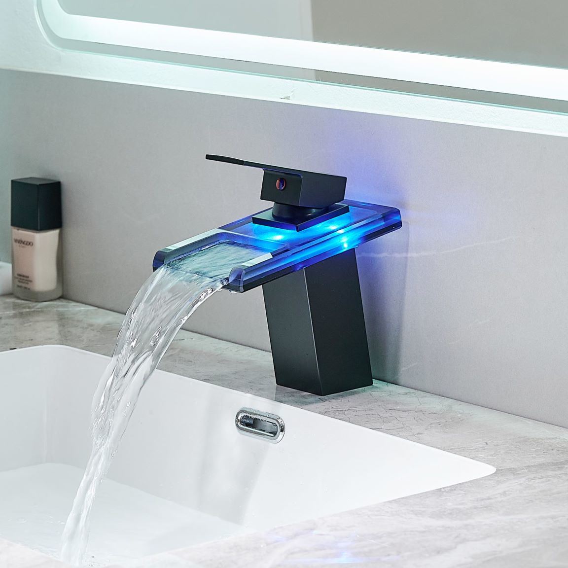 Waterfall showerhead LED bathroom faucet, single handle bathroom sink sink faucet in Black