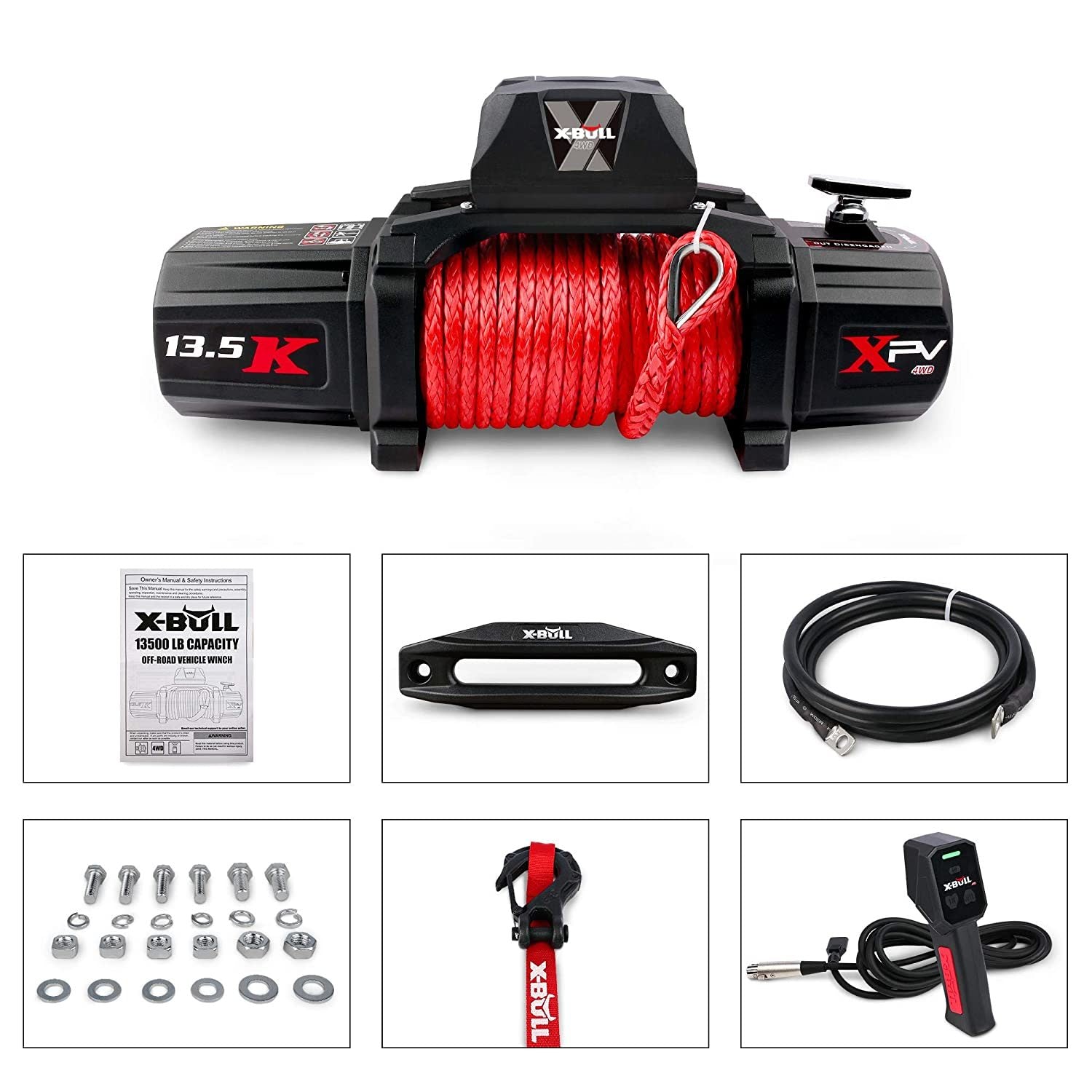 X-BULL 13500 LBS Electric Winch XPV 12V Synthetic Red Rope New Arrival Jeep Towing Truck 4WD